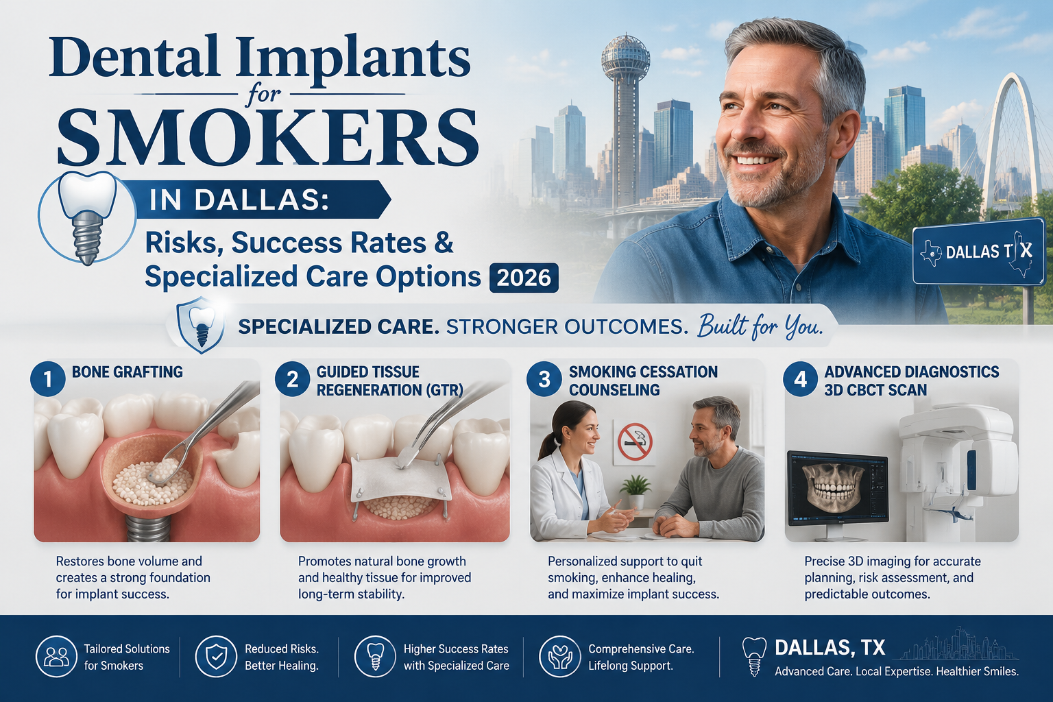 Detailed () image prompt showcasing specialized care options for smokers considering dental implants in Dallas. The image