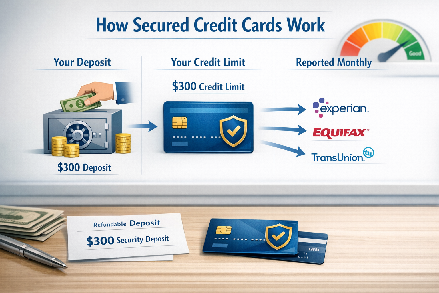 Cover IMAGE (3:2) Instruction to Word Rocket image generator: A clean desk with a secured credit card beside a refundable deposit receipt la