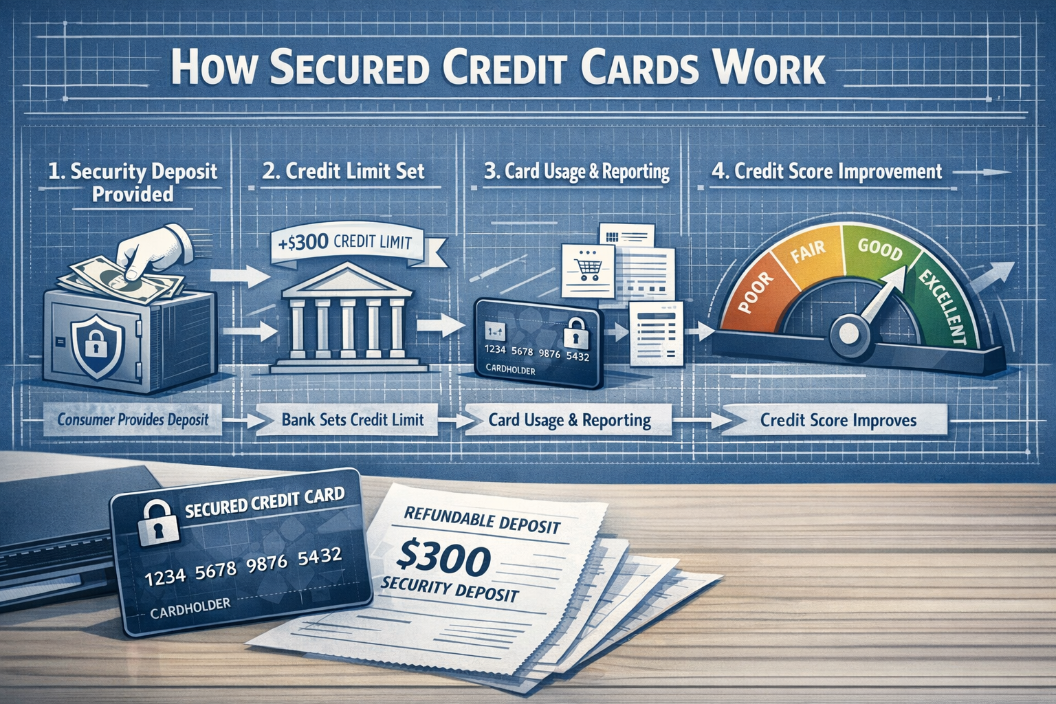 Cover IMAGE (3:2) Instruction to Word Rocket image generator: A clean desk with a secured credit card beside a refundable deposit receipt la