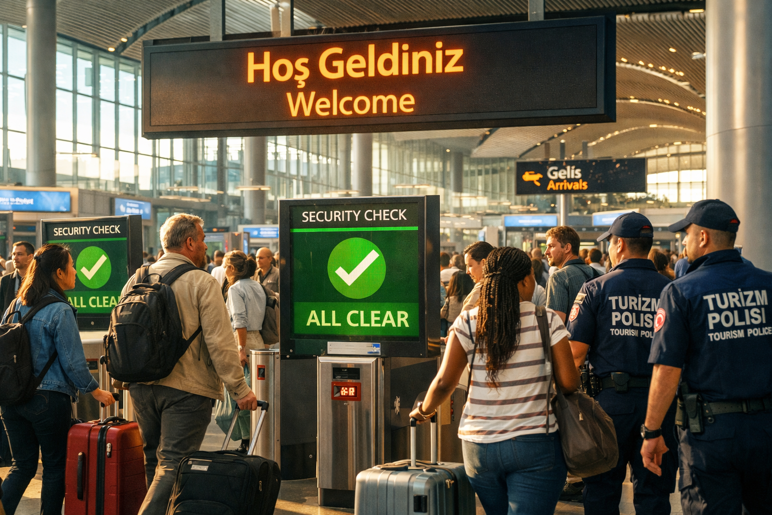 () editorial photograph showing a bustling Istanbul airport arrivals terminal in spring 2026, diverse international