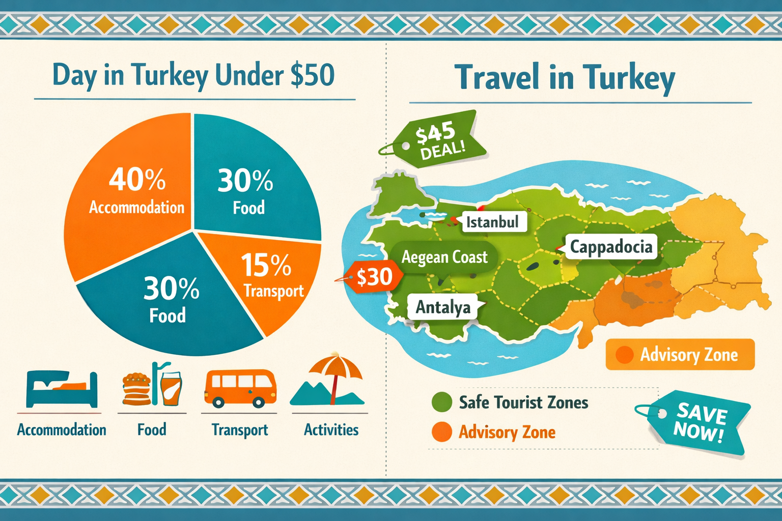 () vibrant flat-design infographic-style illustration showing a split comparison: on the left side a budget breakdown pie