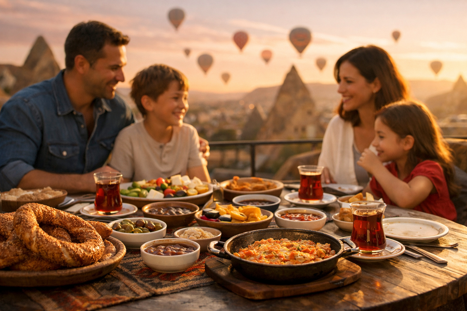 () warm editorial photograph of a family of four enjoying a traditional Turkish breakfast spread on an outdoor terrace