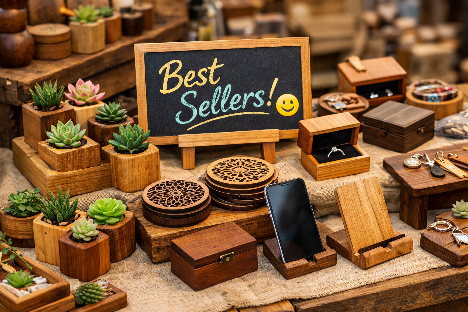 A vibrant, editorial-quality landscape image (1536x1024) depicting a diverse collection of small, popular wooden craft items arranged attrac