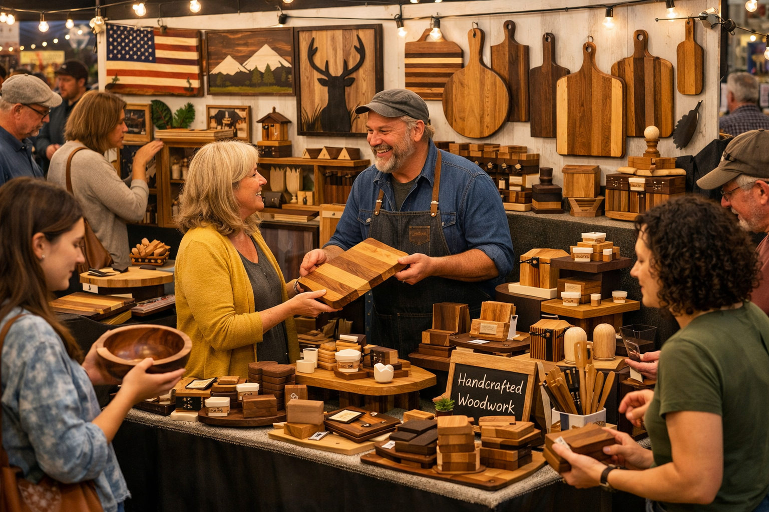 An engaging landscape format (1536x1024) image showing a successful craft show booth bustling with customers admiring and purchasing wooden 