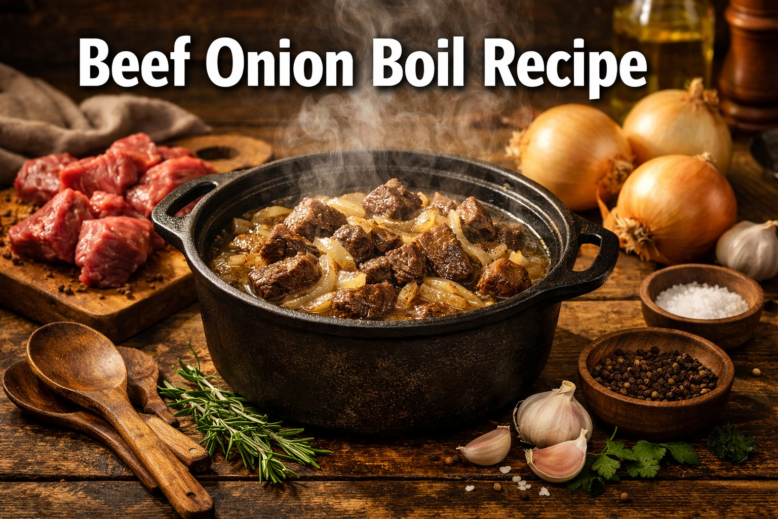 Professional landscape hero image (1536x1024) featuring bold text overlay 'Beef Onion Boil Recipe' in extra large 72pt white sans-serif font