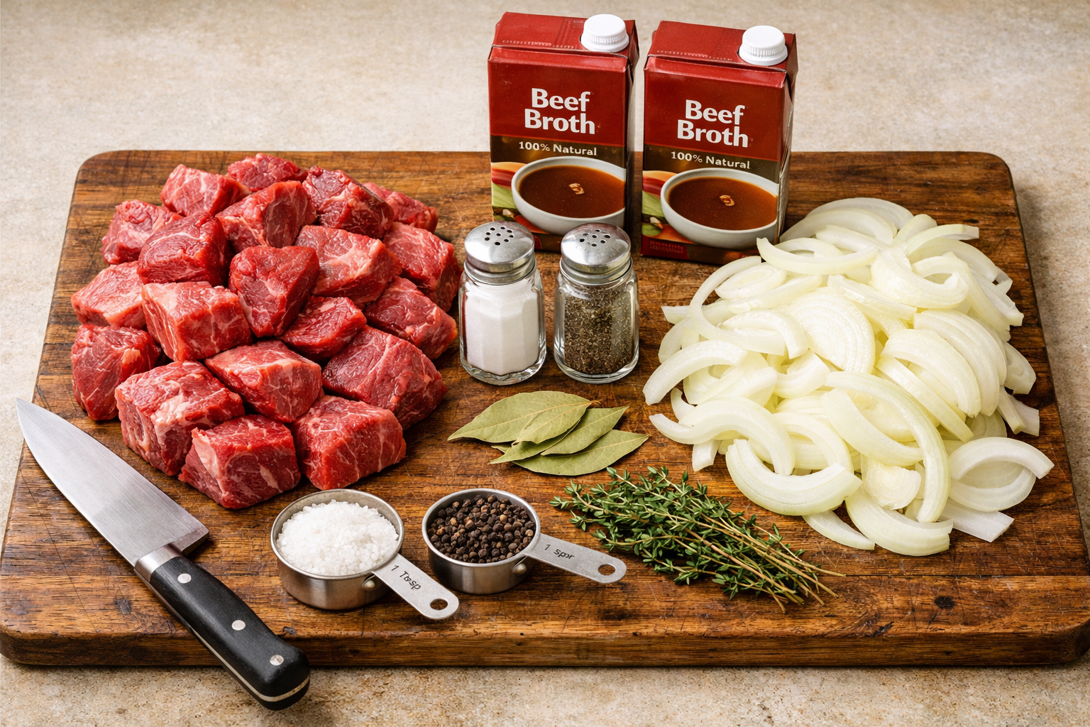 Detailed landscape image (1536x1024) showing step-by-step beef onion boil preparation with ingredients laid out on rustic wooden cutting boa