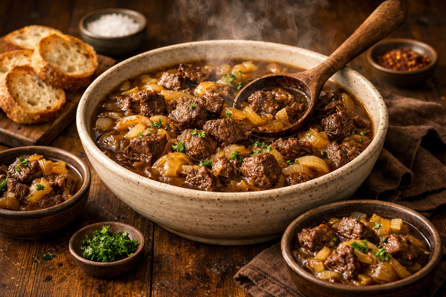 Professional landscape food photography (1536x1024) displaying finished beef onion boil in large ceramic serving bowl with steam rising, ten