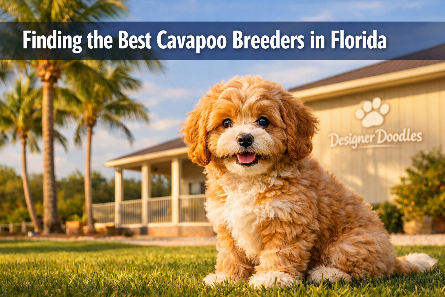 Professional landscape hero image (1536x1024) featuring bold text overlay 'Finding the Best Cavapoo Breeders in Florida' in extra large 72pt