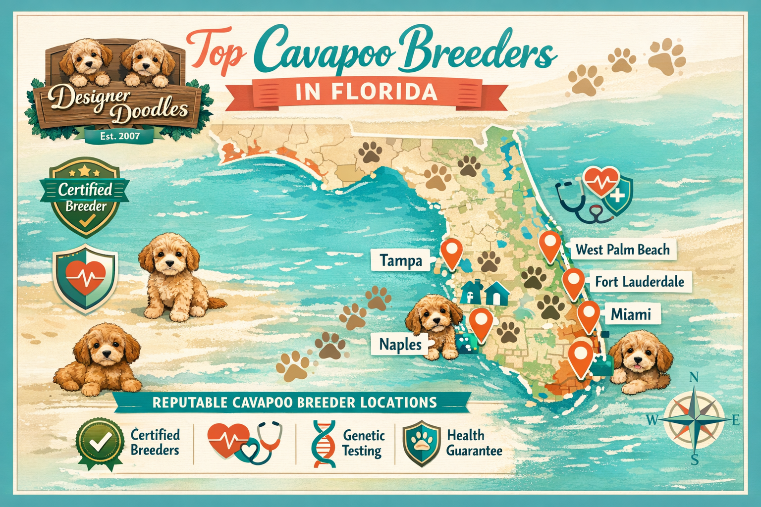 Detailed infographic-style image showing Florida state map with major cities marked (Tampa, Miami, Fort Lauderdale, West Palm Beach, Naples)