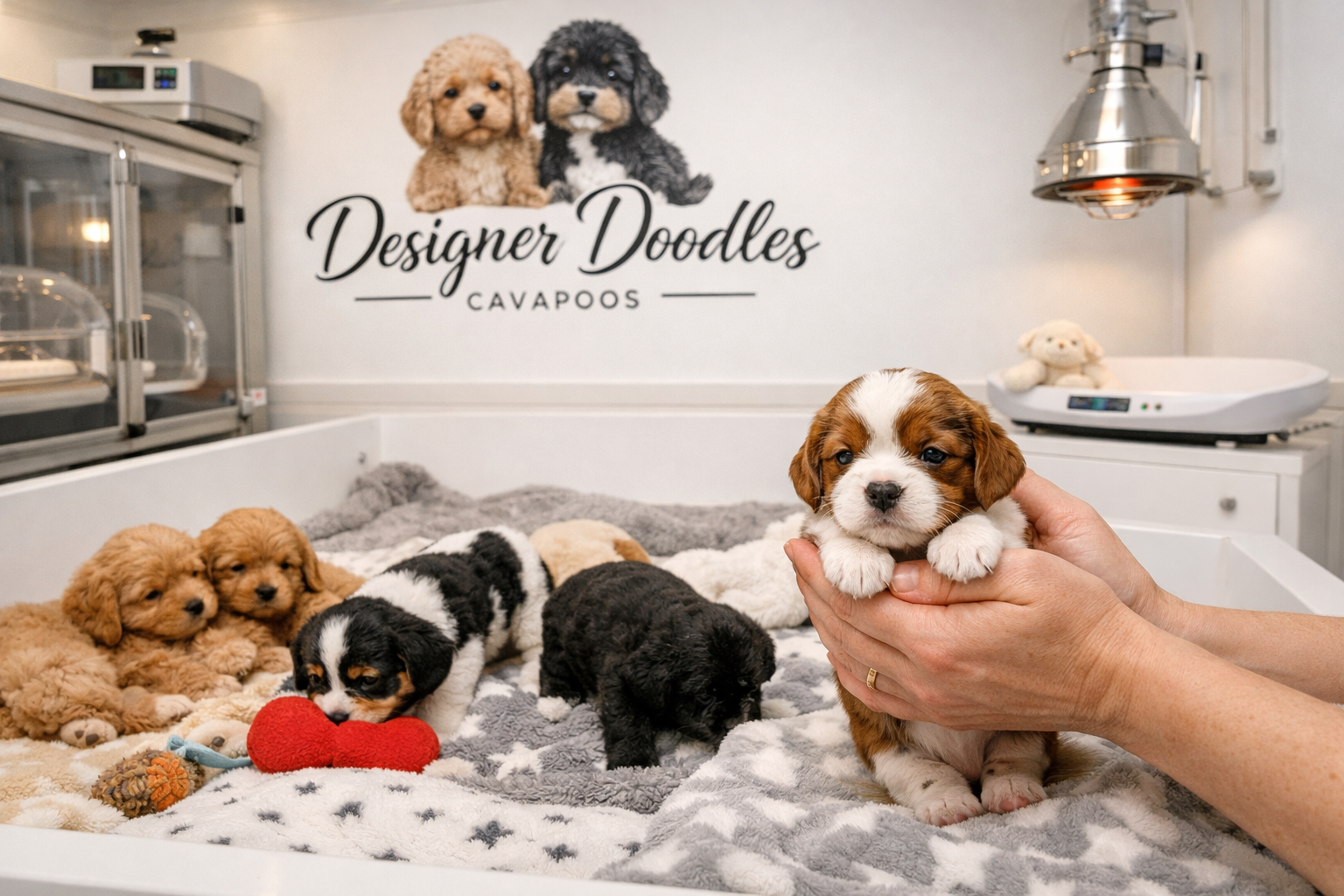 Warm, inviting photograph of Designer Doodles professional whelping room with clean white walls displaying Designer Doodles logo, showing mu