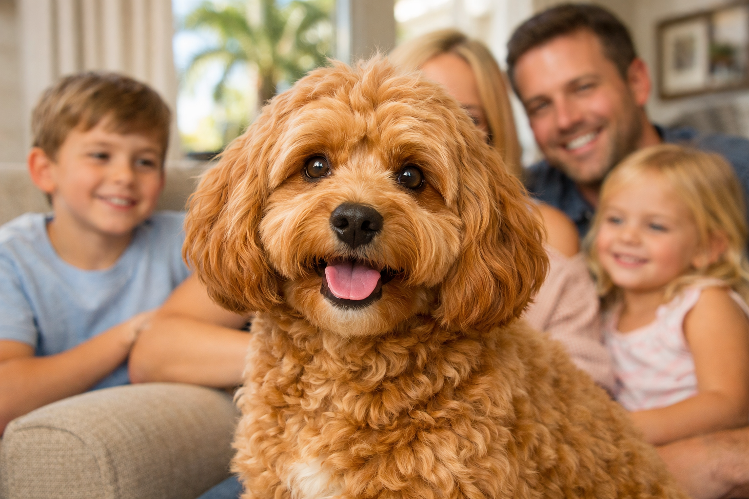 Close-up lifestyle photograph of beautiful adult Cavapoo with silky wavy hypoallergenic coat in rich apricot color, sitting with happy famil