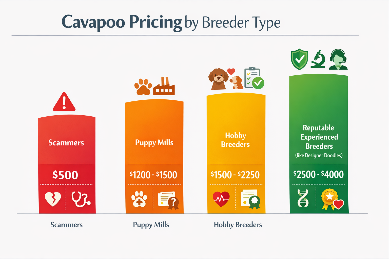 Professional comparison chart displayed as clean infographic showing Cavapoo pricing structure across different breeder types. Visual bar gr