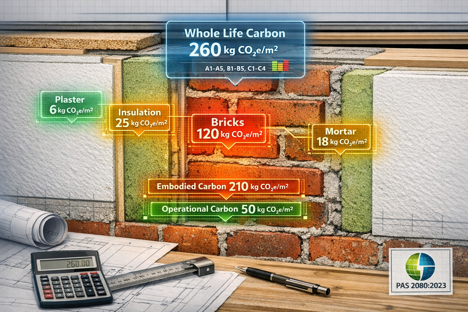 Detailed () image showing close-up of party wall construction cross-section with transparent digital displaying whole life