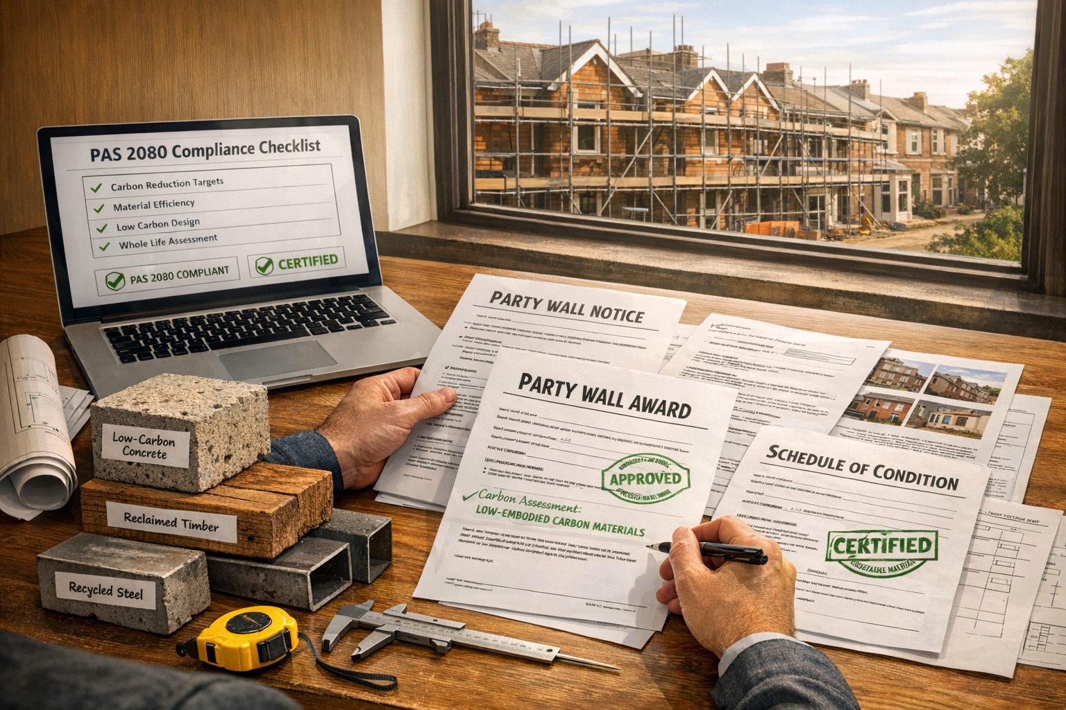 Detailed () image depicting surveyor reviewing party wall award documentation at desk with sustainable building materials