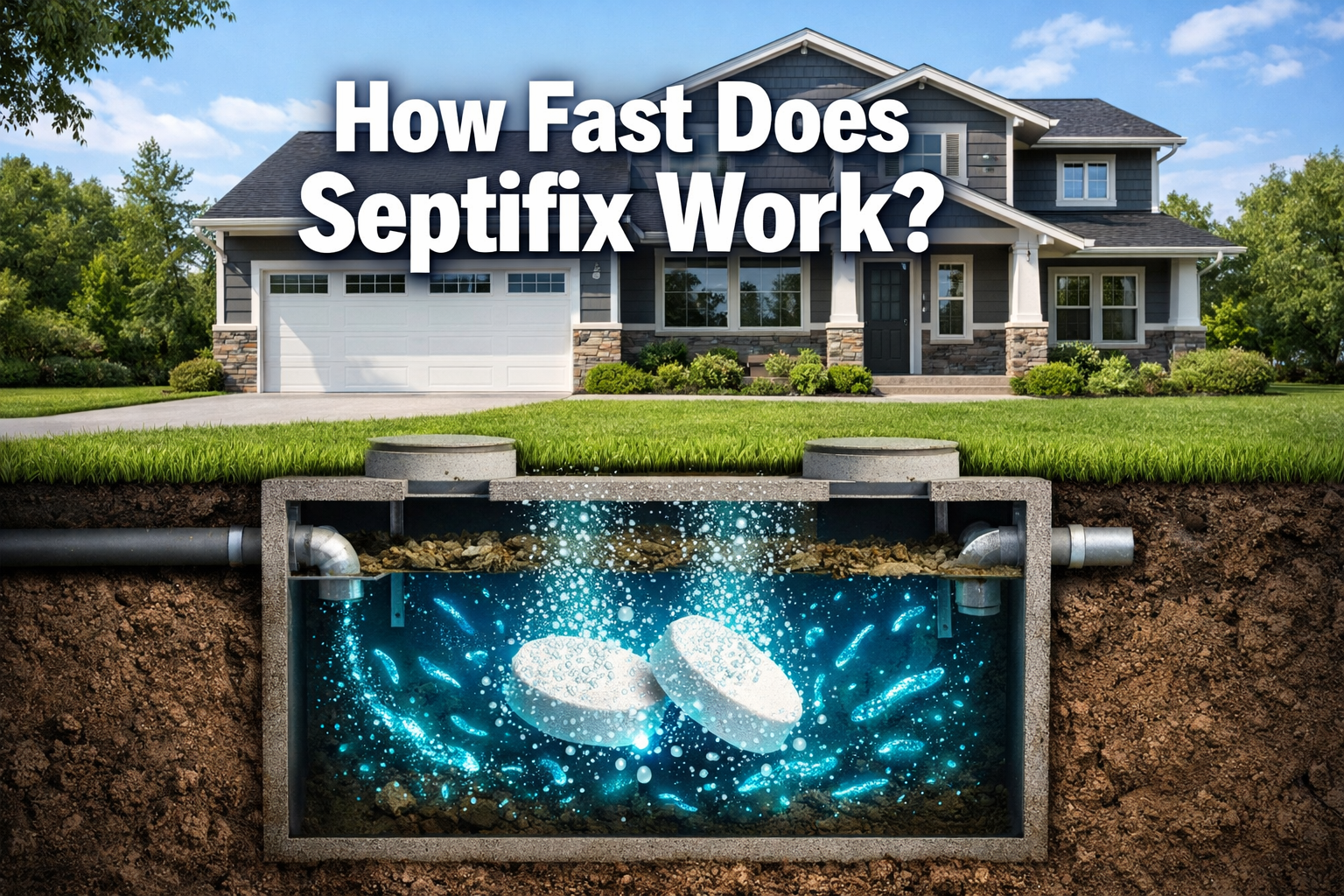 Professional () hero image with : 'How Fast Does Septifix Work?' in extra large white with dark drop , centered in upper