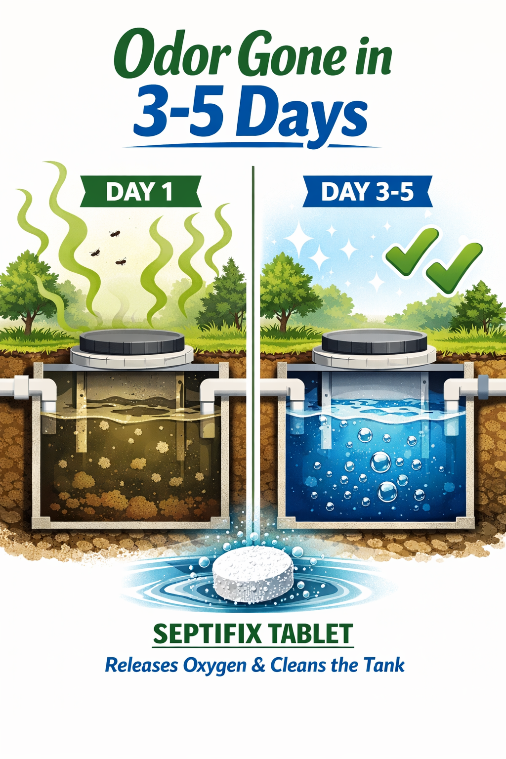 Portrait/Pinterest format () detailed illustration showing a split timeline infographic: left side shows a septic tank with