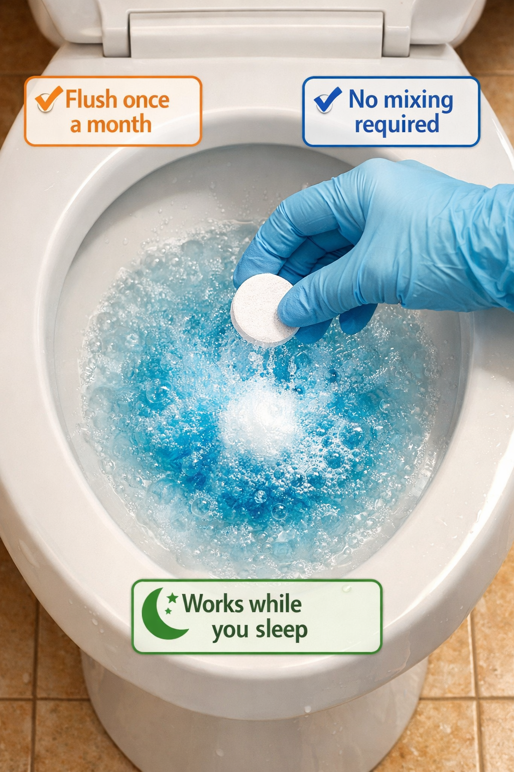 Portrait/Pinterest format () close-up overhead view of a gloved hand dropping a white effervescent Septifix tablet into a