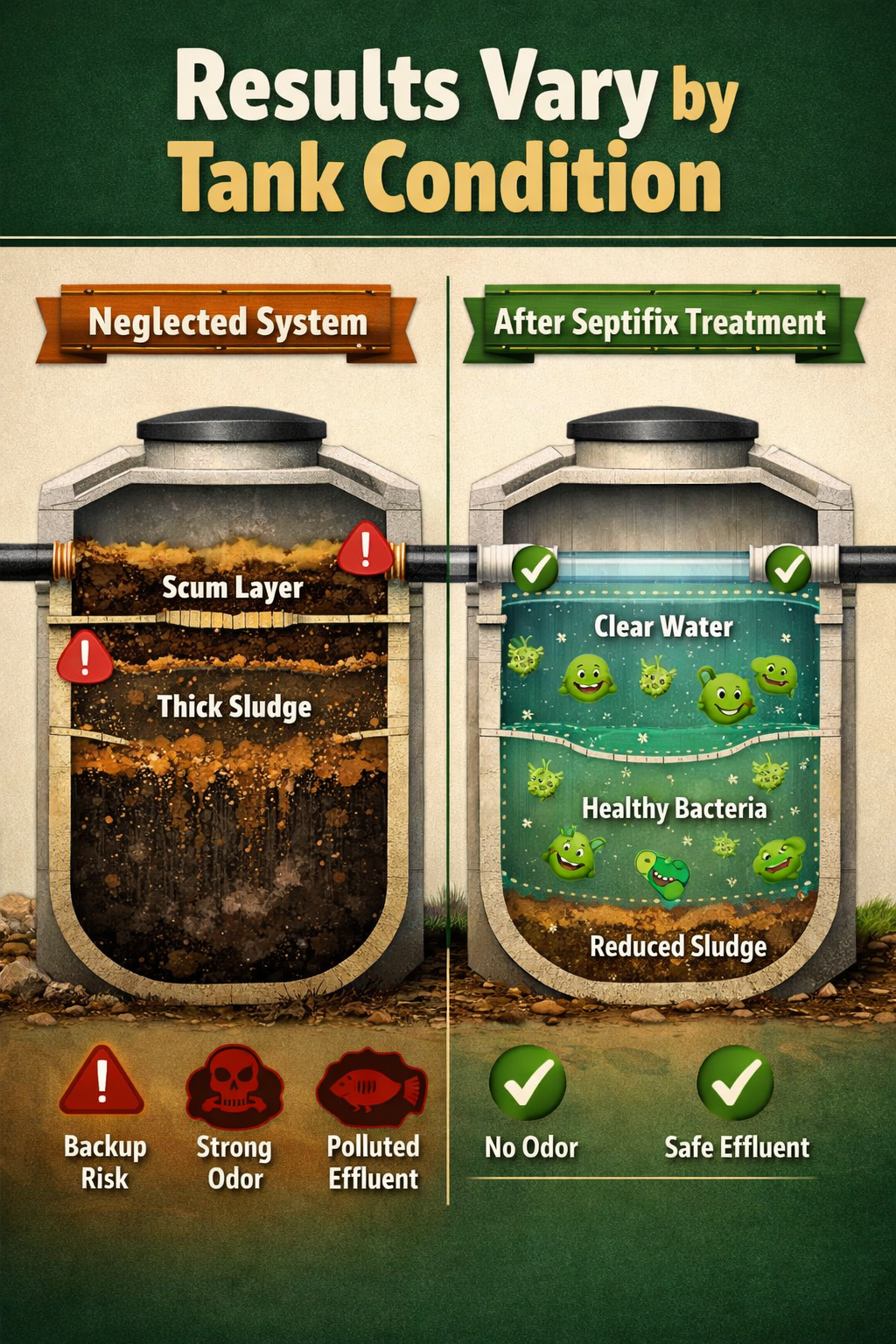 Portrait/Pinterest format () side-by-side comparison graphic showing two septic tank cross-sections: left tank labeled