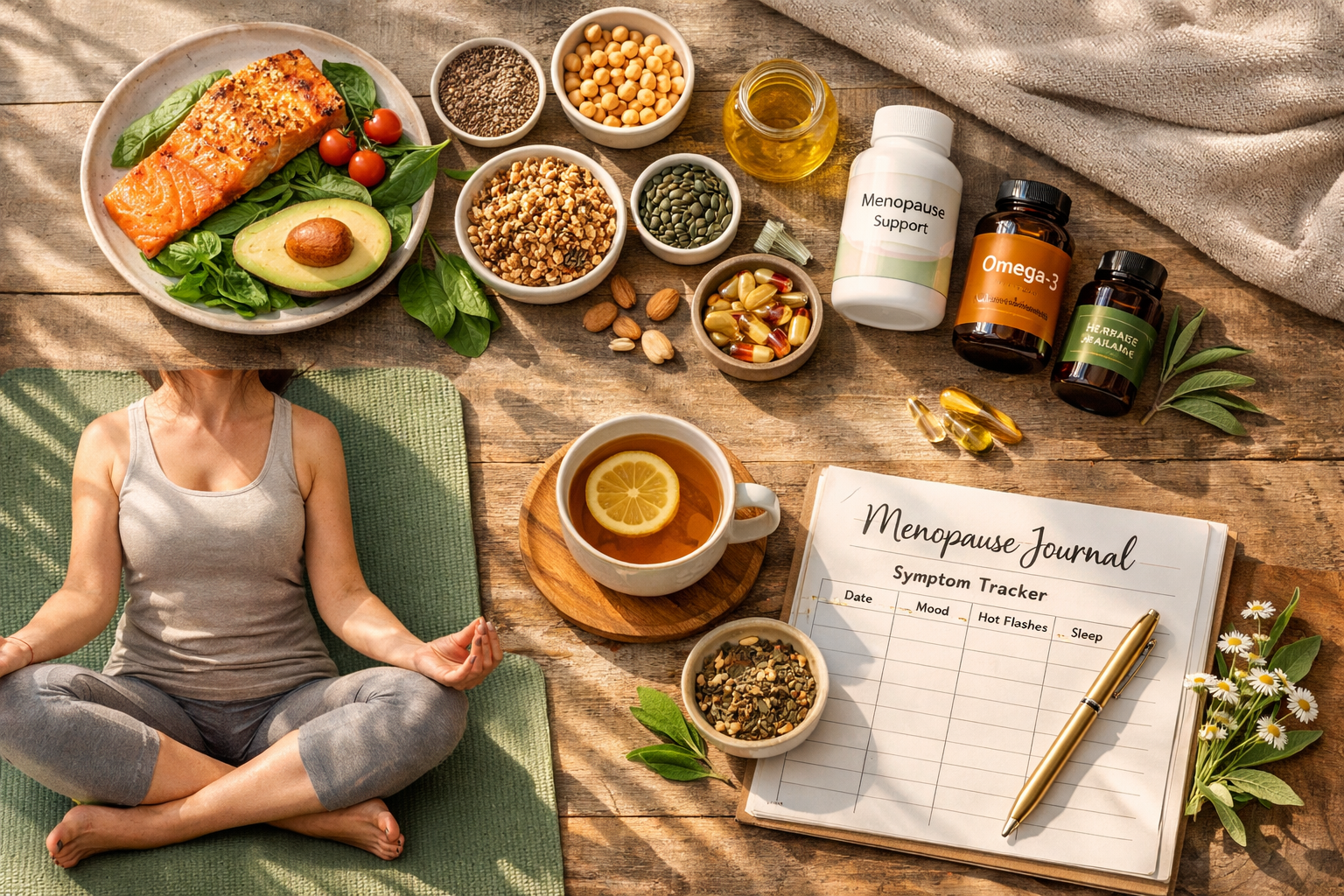 Lifestyle composition showing holistic approach to menopause management, overhead flat-lay photography featuring healthy Mediterranean diet