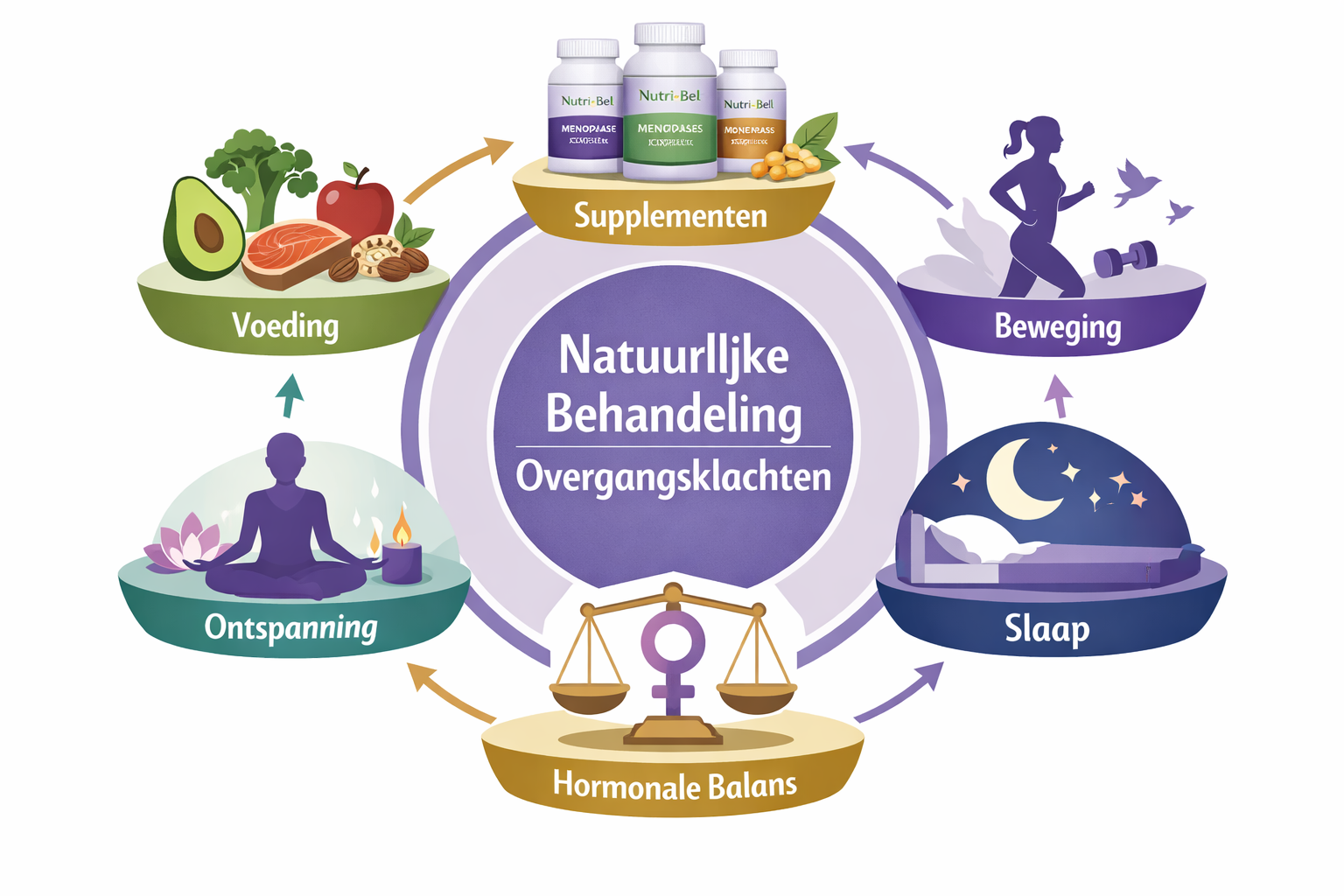 Educational diagram illustrating complete menopause symptom relief strategy, circular flowchart design with center text 'Natuurlijke Behande