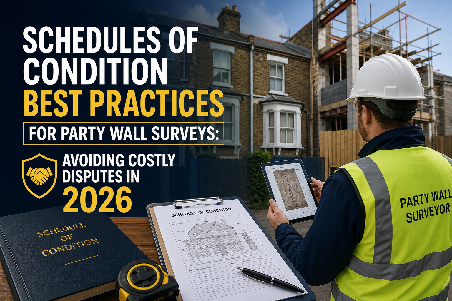 Professional landscape hero image () with : "Schedules of Condition Best Practices for Party Wall Surveys: Avoiding Costly