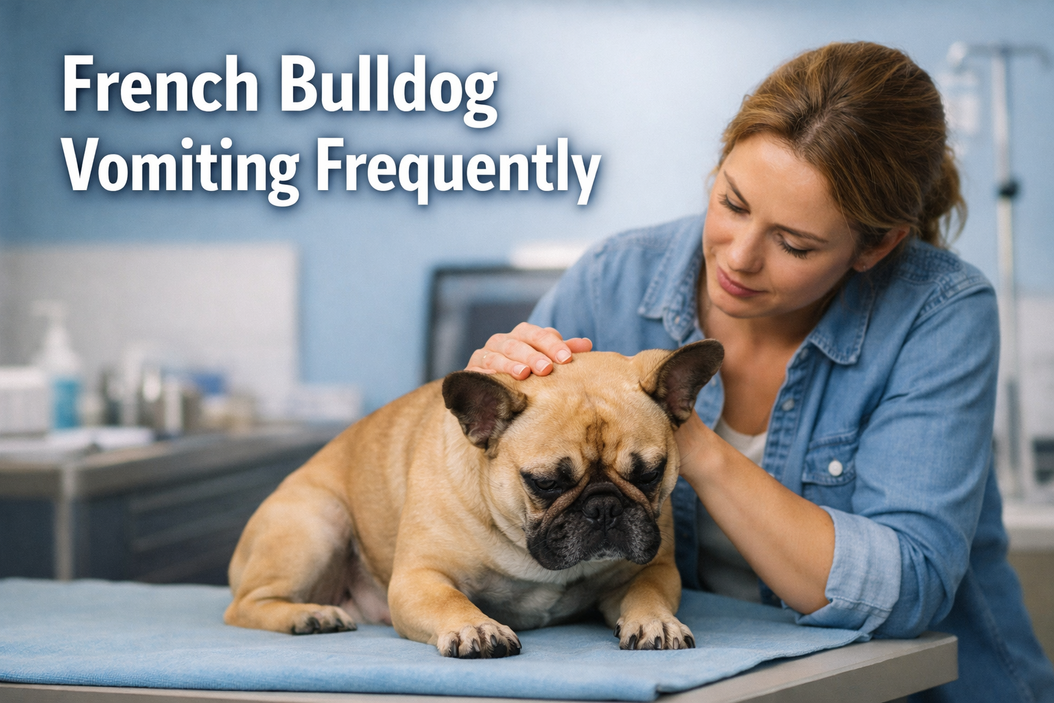 Professional landscape format (1536x1024) hero image with bold text overlay 'French Bulldog Vomiting Frequently' in extra large 72pt white s