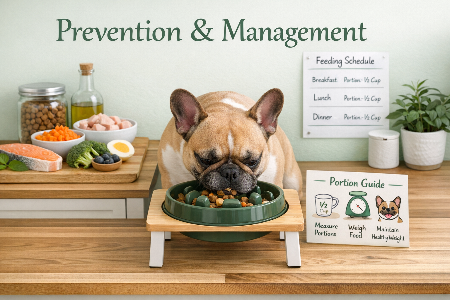 Calming landscape format (1536x1024) image showing healthy French Bulldog eating from elevated slow-feeder bowl with text overlay 'Preventio