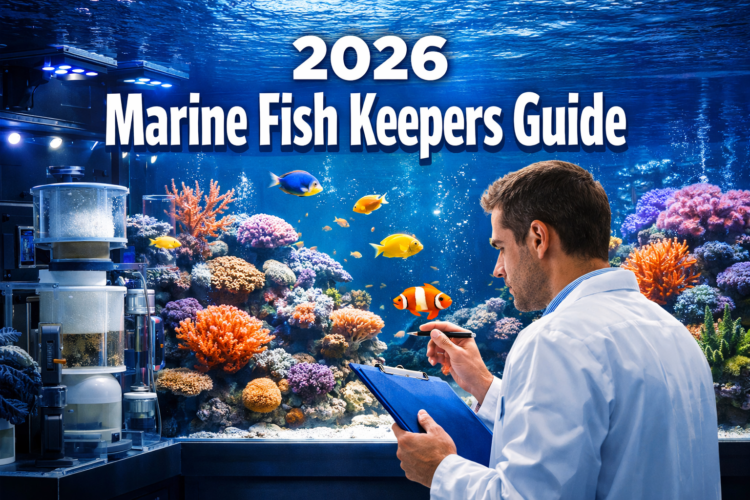 Professional landscape hero image (1536x1024) featuring bold text overlay '2026 Marine Fish Keepers Guide' in extra large 72pt white sans-se