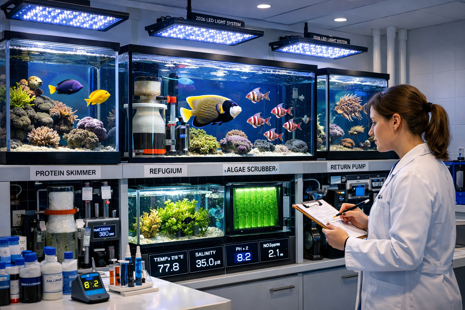 Modern saltwater aquarium setup showing advanced 2026 filtration systems including protein skimmers, refugiums, and algae scrubbers. Multipl