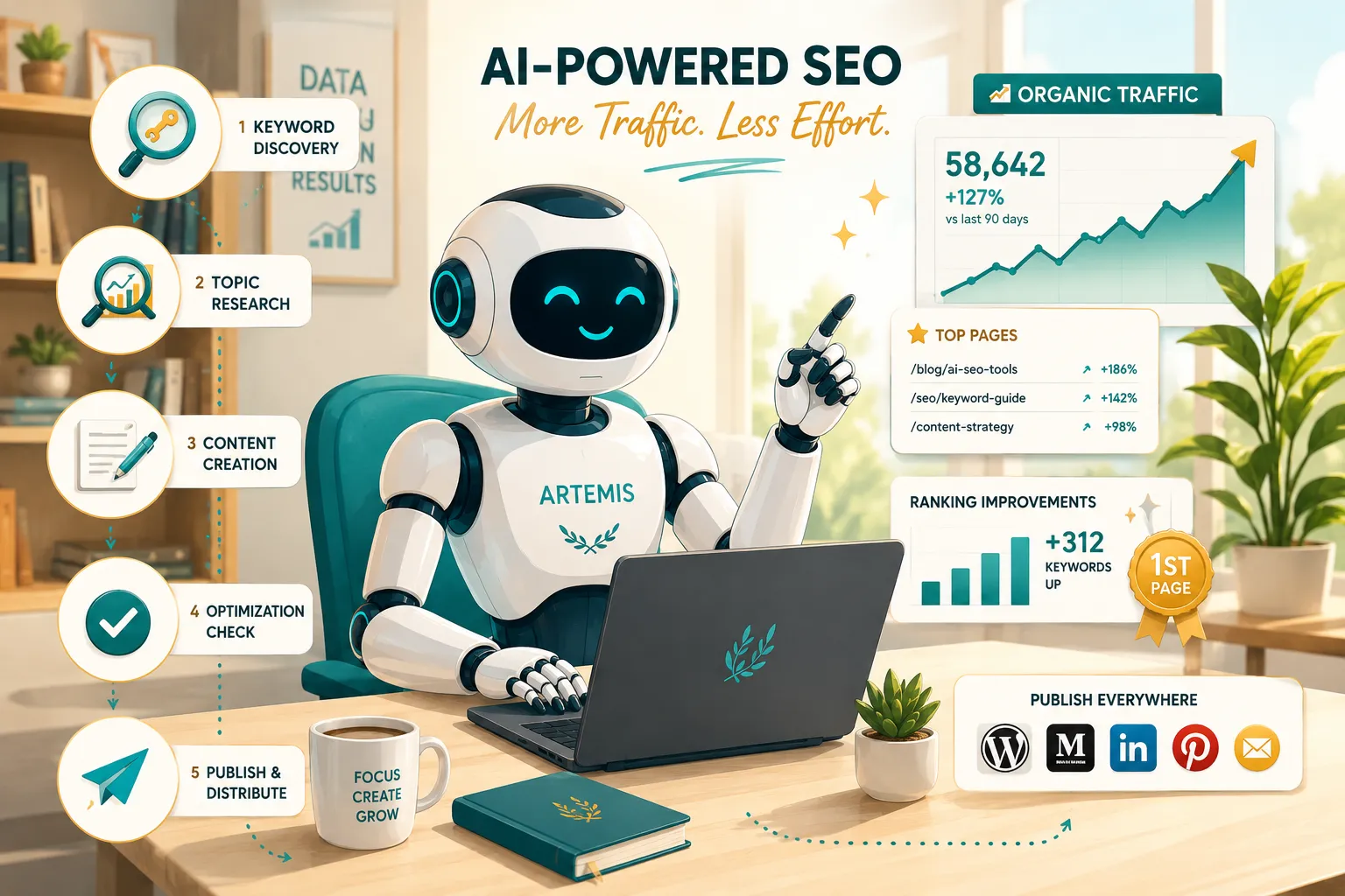 Editorial () bright infographic-style illustration showing an AI robot assistant named Artemis at a modern workstation,