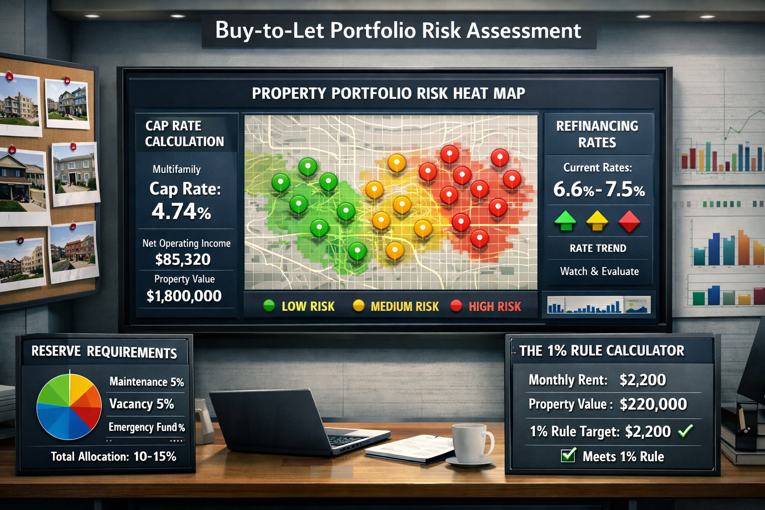 Comprehensive () infographic-style image displaying risk assessment dashboard for buy-to-let portfolio management. Central