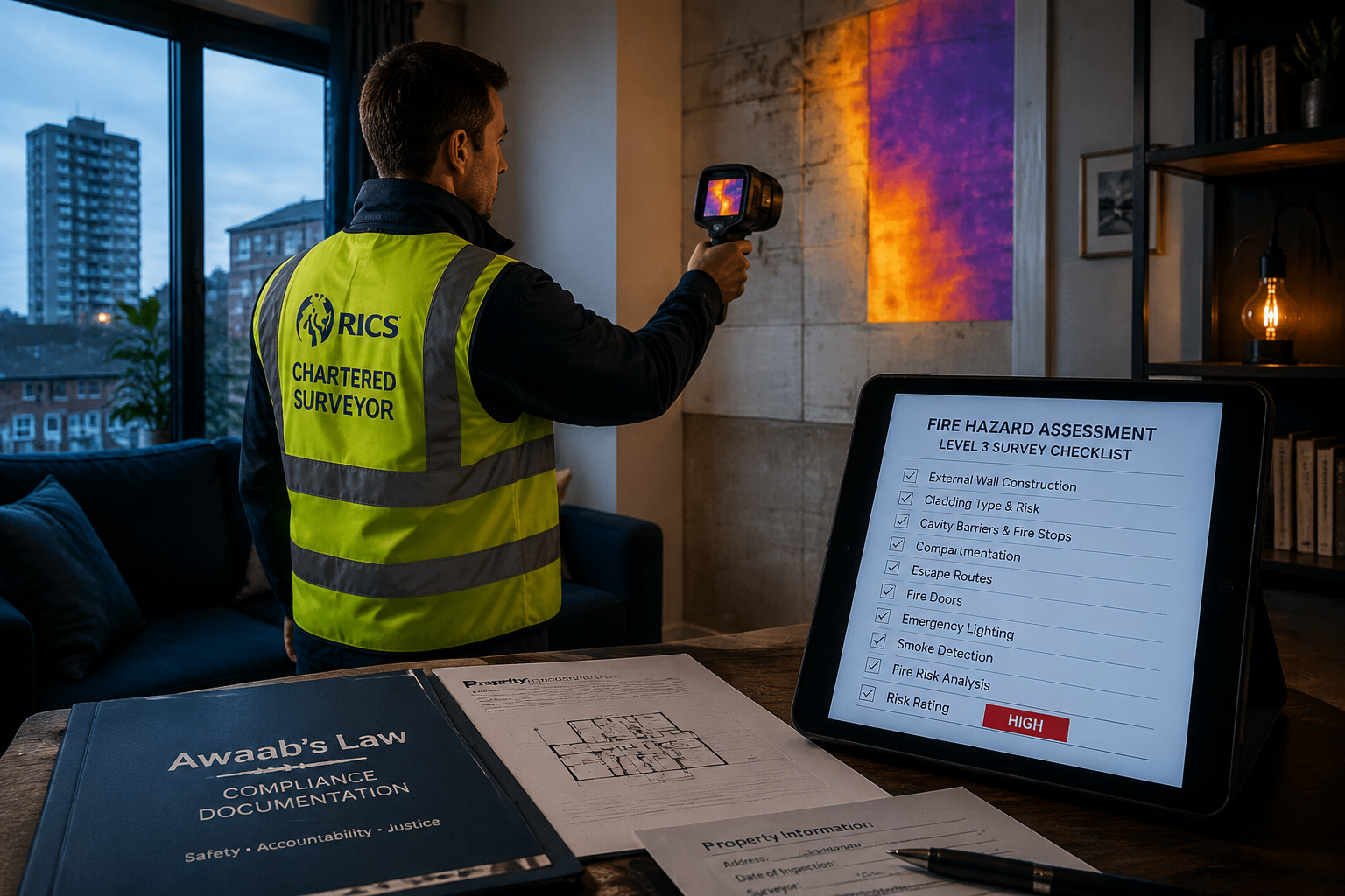 Wide-angle editorial photograph of a RICS-qualified chartered surveyor in a high-visibility vest conducting a Level 3