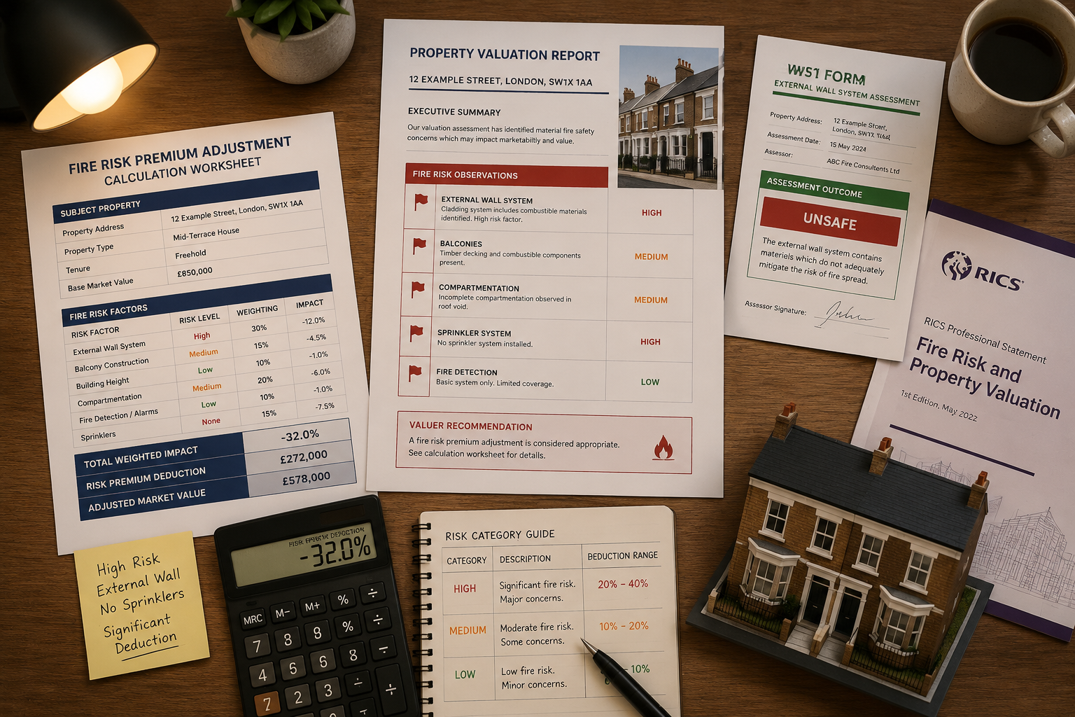 Flat-lay infographic-style editorial image showing a wooden desk surface with a fire risk premium adjustment calculation