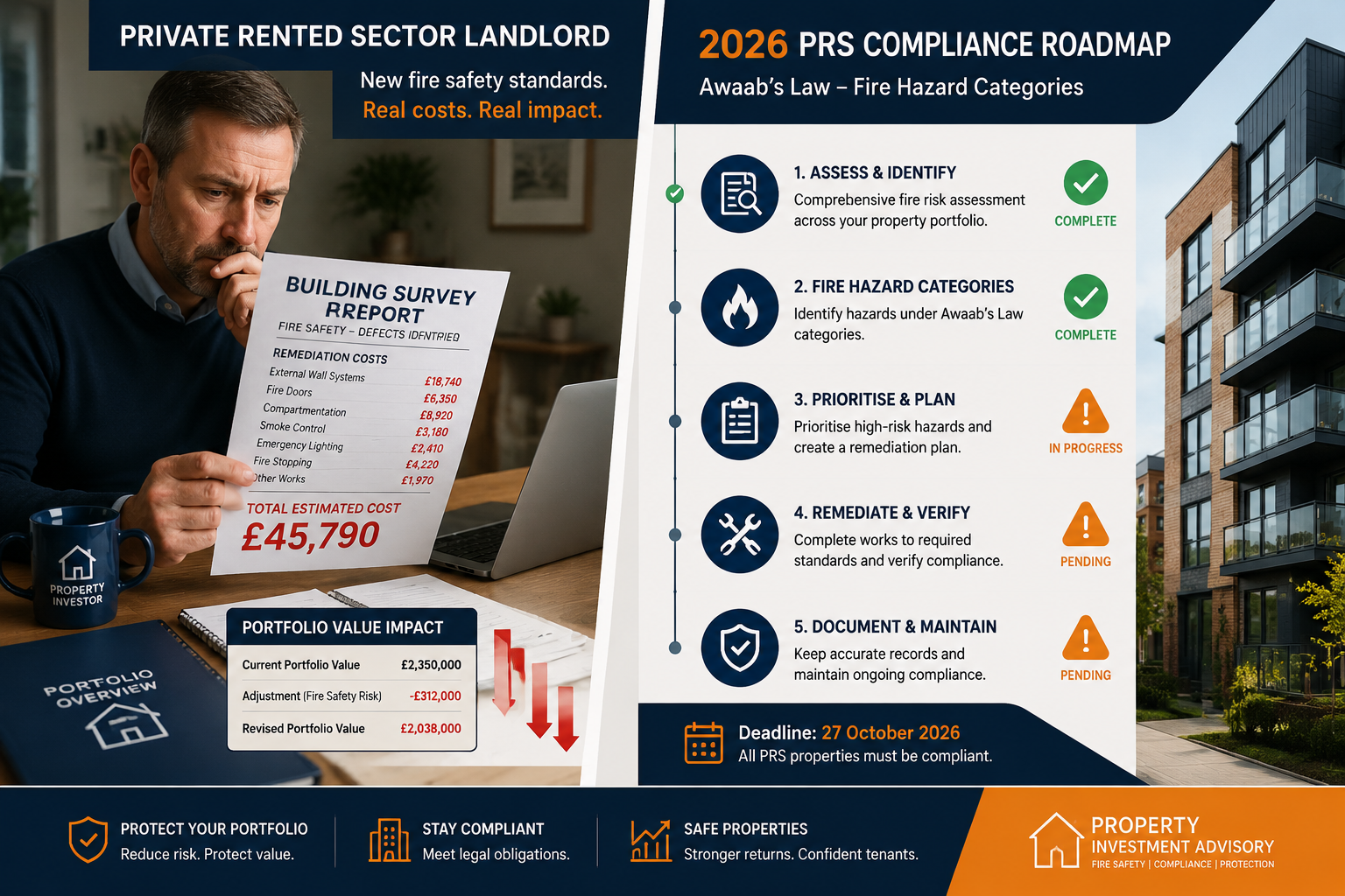 Split-panel editorial illustration showing left side: a UK private rented sector landlord reviewing a building survey report