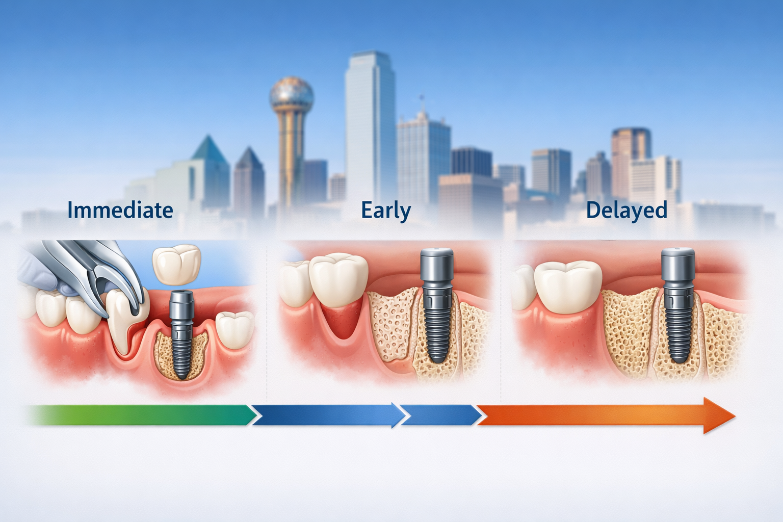 Landscape format (1536x1024) image illustrating a timeline diagram showing the different stages of dental implant placement after tooth extr