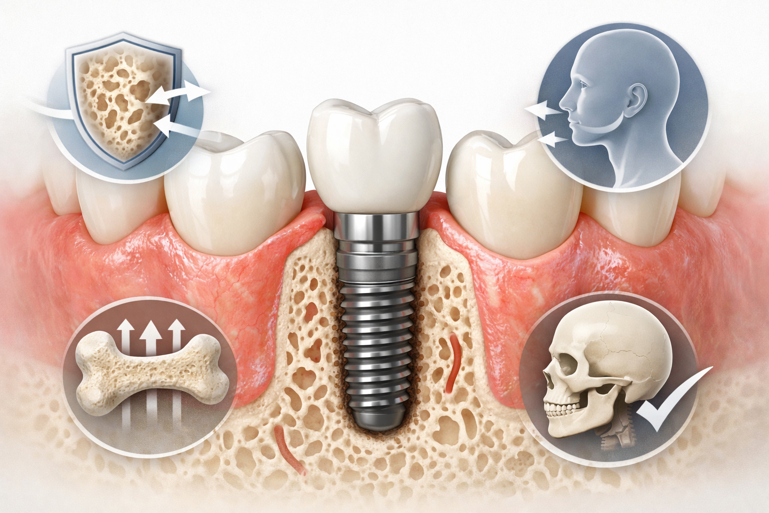 Landscape format (1536x1024) image depicting a simplified anatomical diagram of a jawbone showing a dental implant successfully integrated i