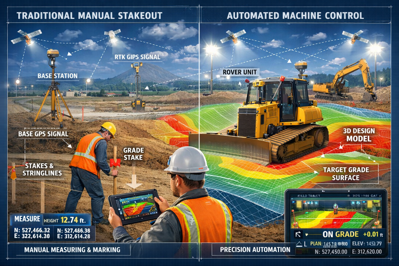 Landscape format (1536x1024) detailed illustration showing GPS-guided bulldozer and excavator on construction site with visible satellite si
