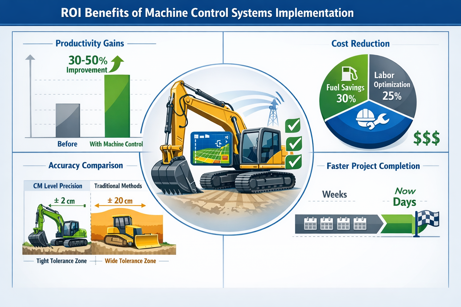Landscape format (1536x1024) comprehensive infographic showing ROI benefits of machine control systems implementation, divided into four qua