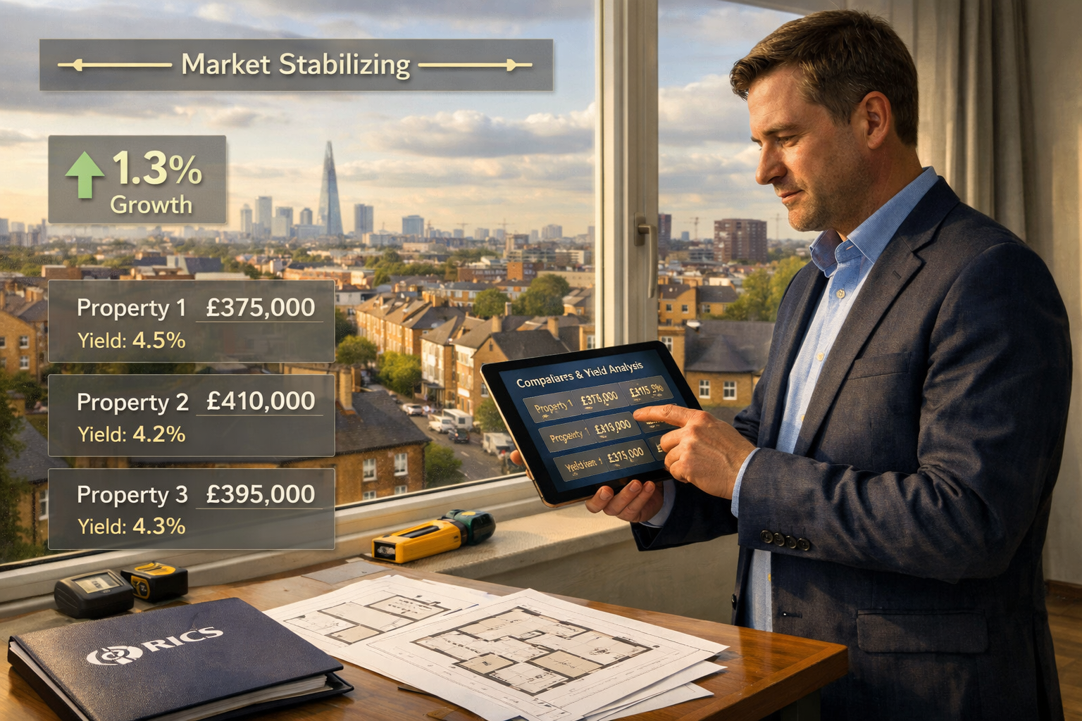 Detailed landscape format (1536x1024) showing professional surveyor in modern London flat conducting valuation inspection, holding digital t