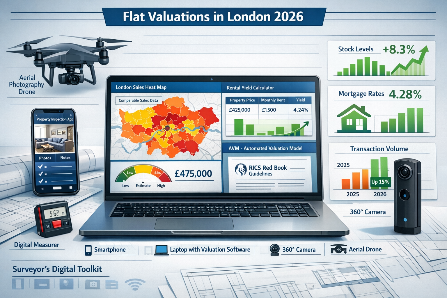 Detailed landscape format (1536x1024) infographic-style image showing surveyor's digital toolkit for 2026 London flat valuations. Central fo