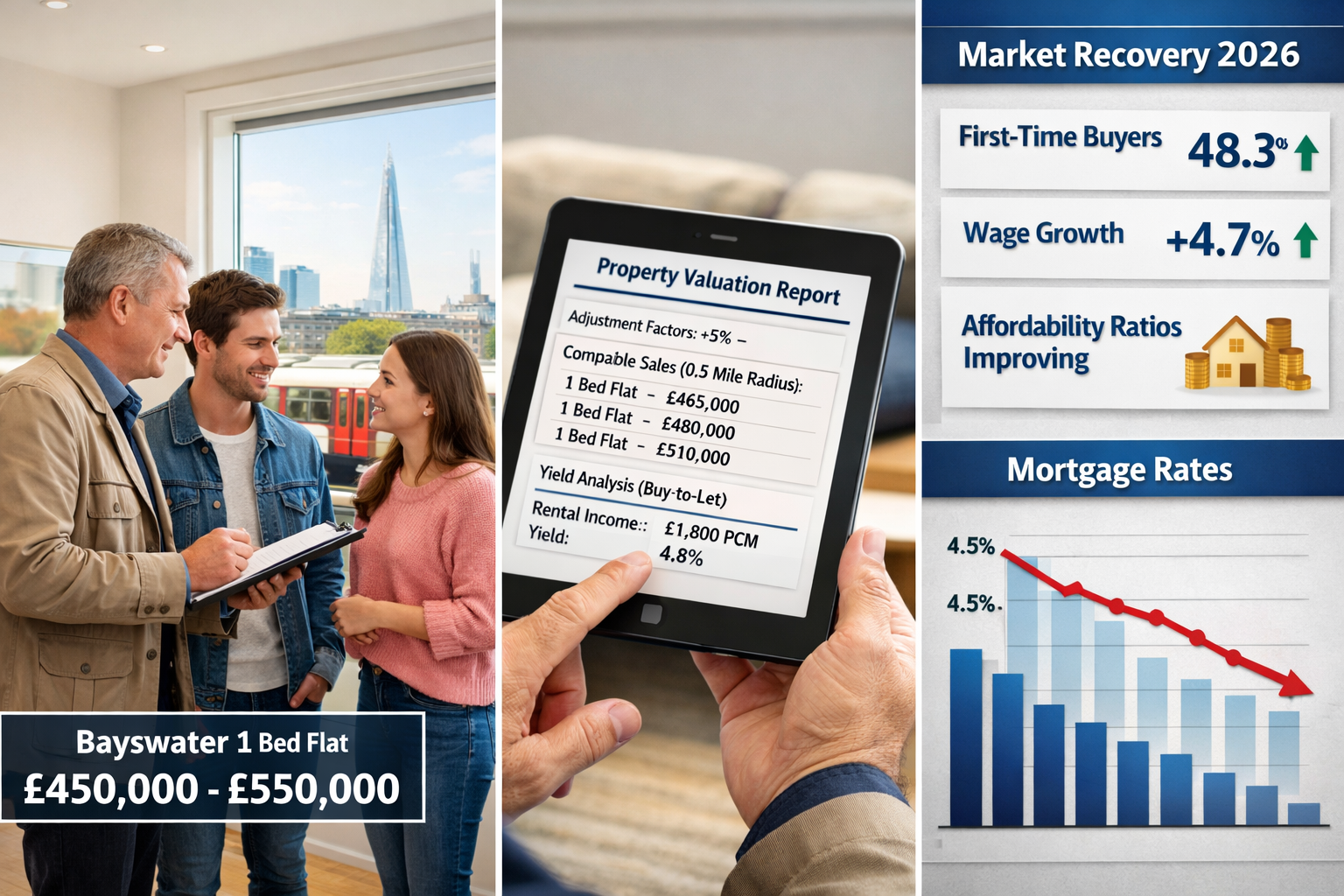 Detailed landscape format (1536x1024) split-screen comparison showing London's affordable flat segment recovery in 2026. Left side displays