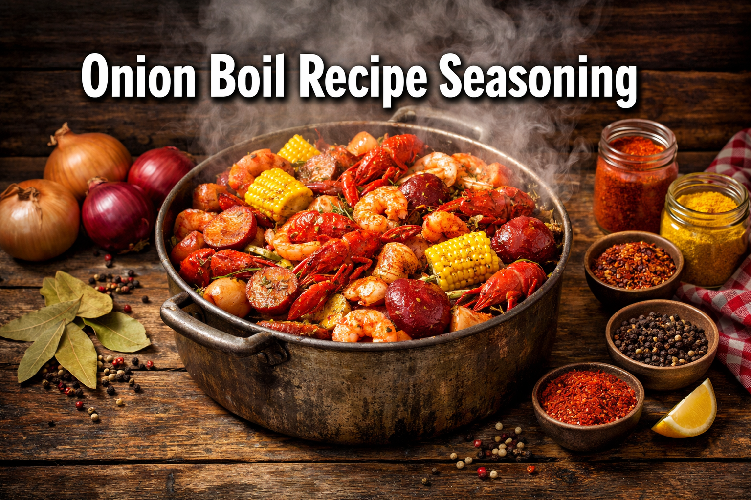 Professional landscape hero image (1536x1024) featuring bold text overlay 'Onion Boil Recipe Seasoning' in extra large 70pt white sans-serif