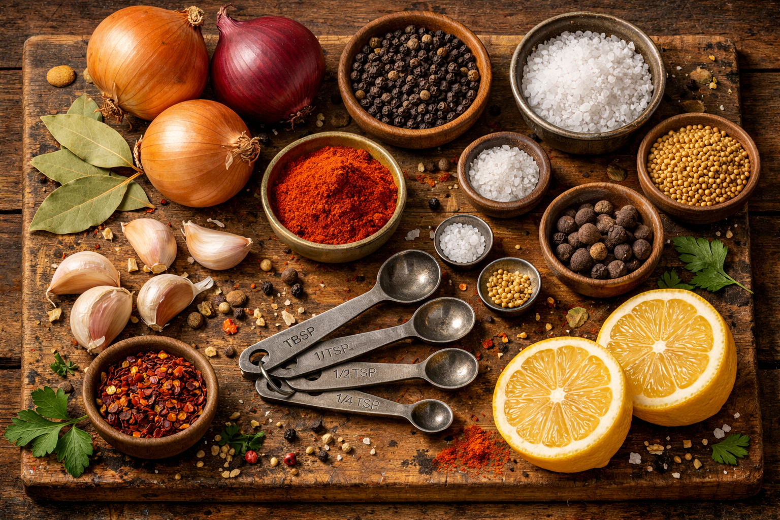 Detailed landscape image (1536x1024) showing variety of spice containers and fresh ingredients for onion boil seasoning arranged on rustic w