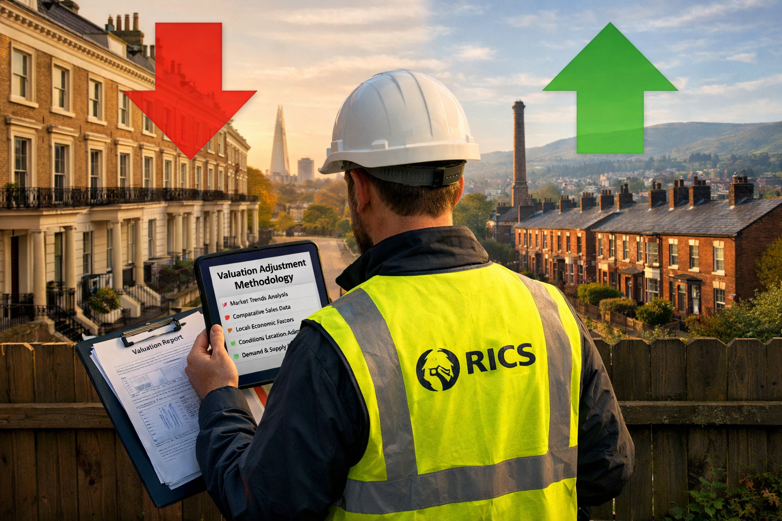 Aerial perspective () photograph-style image showing a RICS-registered surveyor in a hard hat and hi-vis vest standing at a