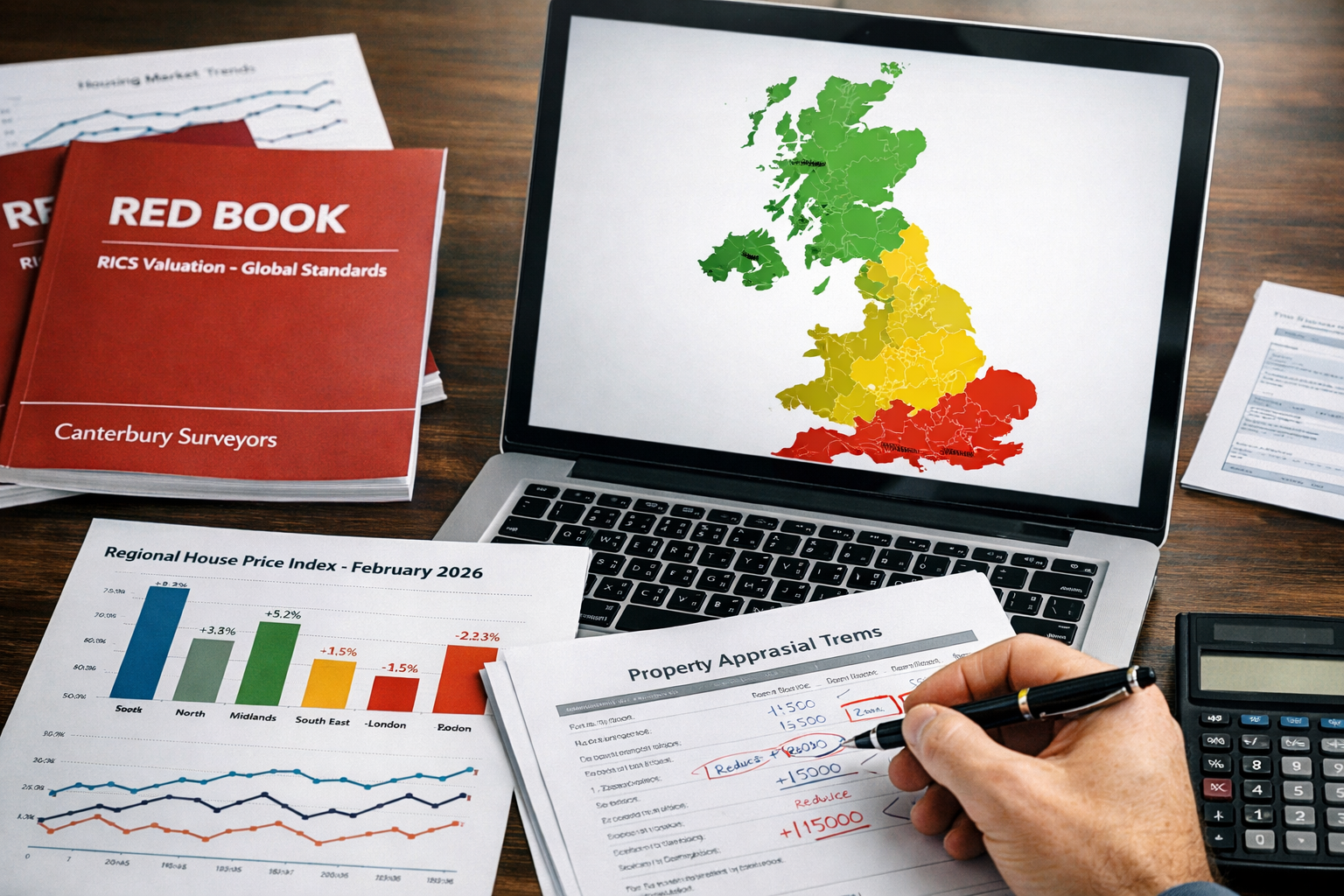 Close-up () image of a professional surveyor's desk with RICS Red Book valuation reports, printed regional price index