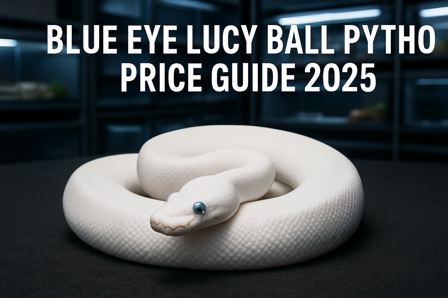 Professional landscape hero image (1536x1024) featuring stunning blue-eyed leucistic ball python with brilliant white scales and piercing bl