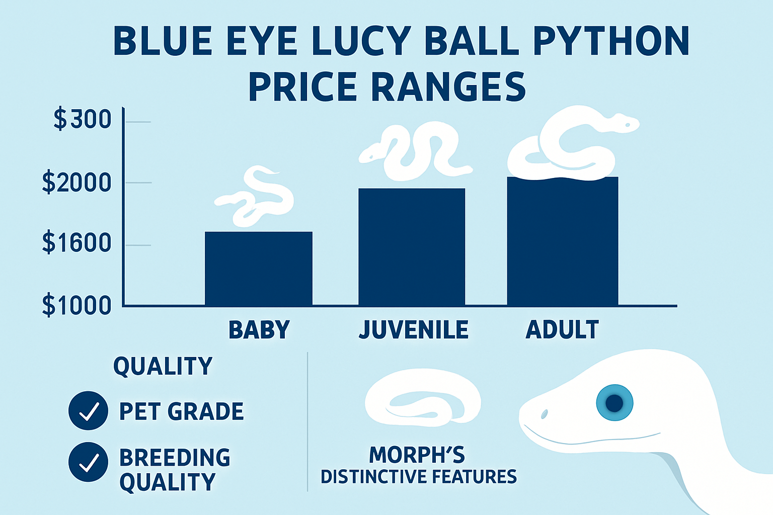 Detailed infographic showing blue eye lucy ball python price ranges across different age groups and quality grades. Visual elements include