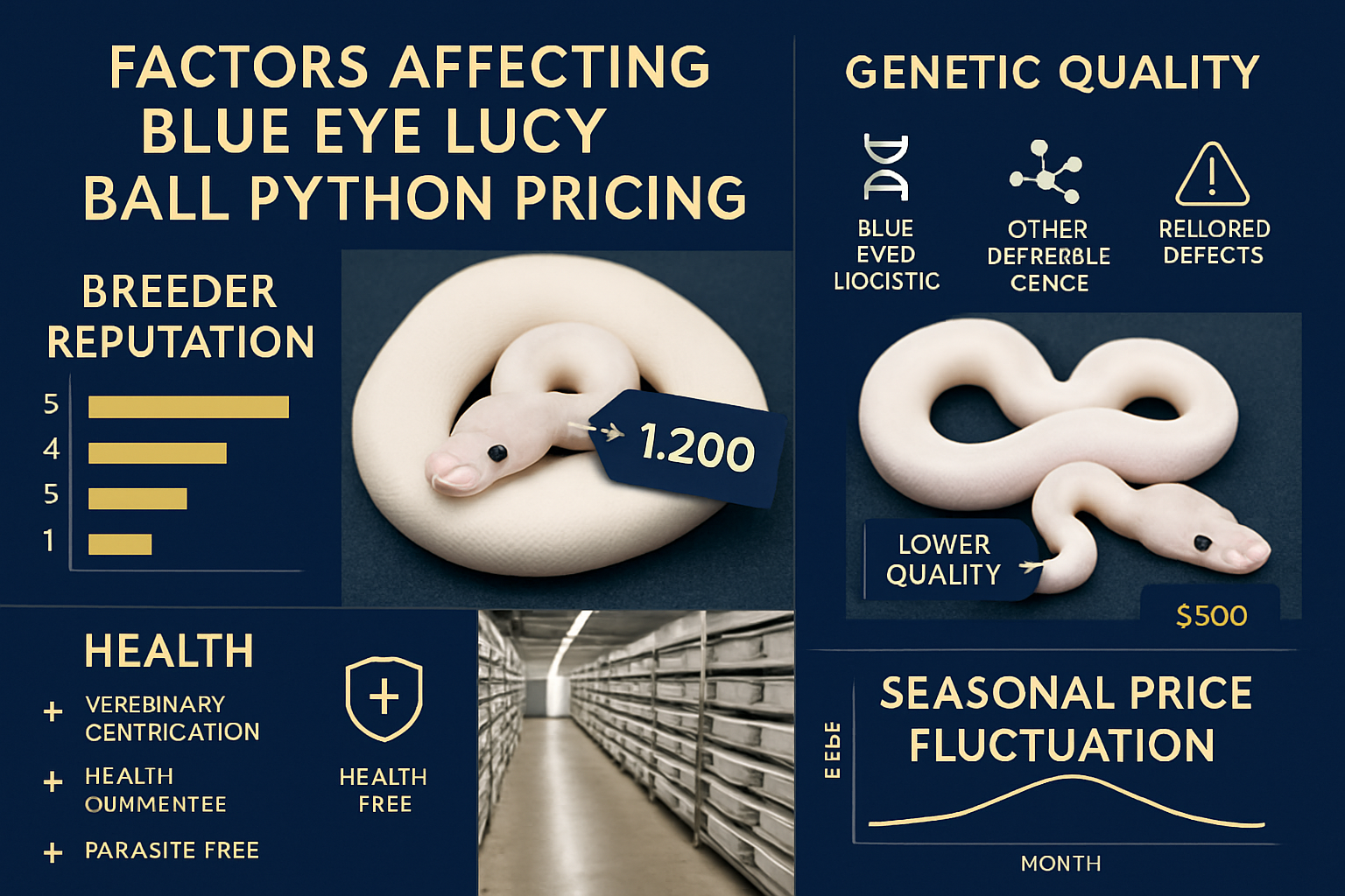 Comprehensive visual guide showing factors affecting blue eye lucy ball python pricing including breeder reputation comparison chart, geneti