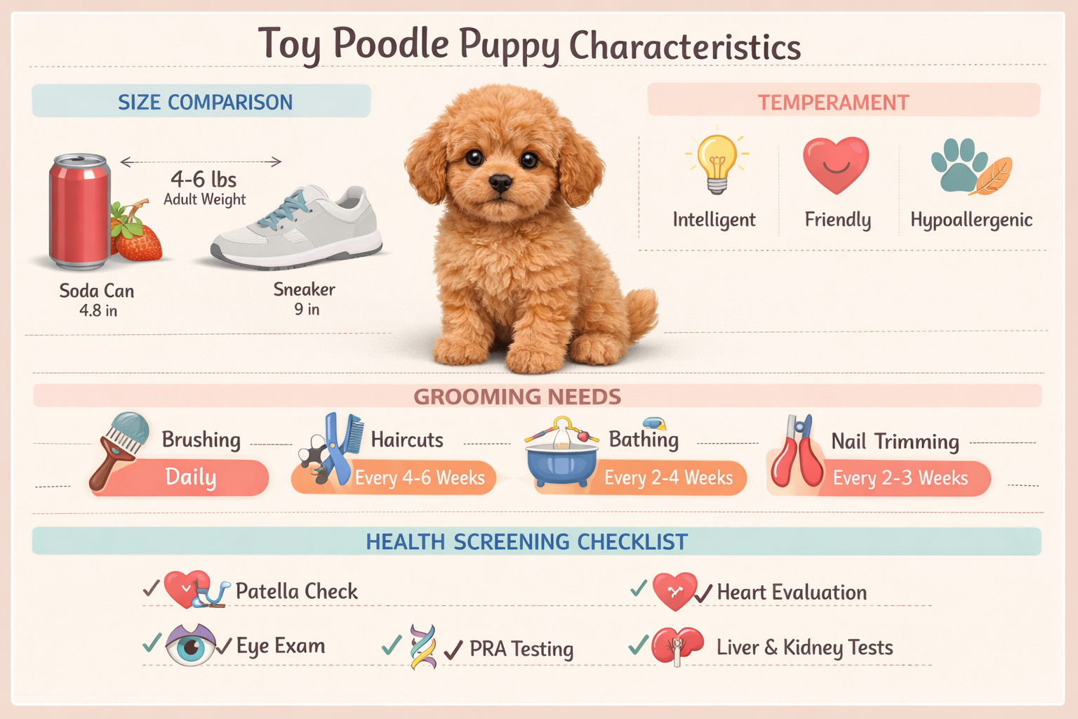 Detailed infographic showing toy poodle puppy characteristics with size comparison chart (4-6 pounds adult weight), temperament icons (intel