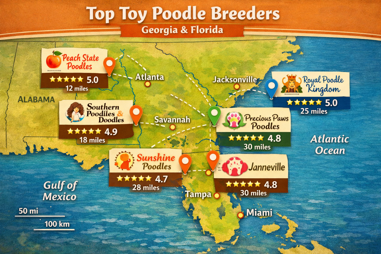 Interactive map visualization of Georgia and Florida highlighting top toy poodle breeding locations with pins, breeder ratings stars, and di